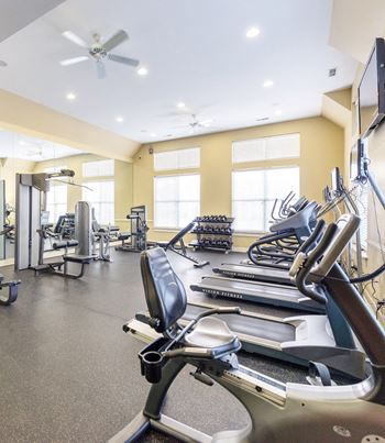 a gym with cardio equipment and weights on the floor